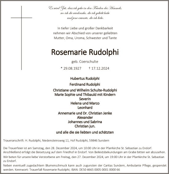 Traueranzeige von Rosemarie Rudolphi von WA