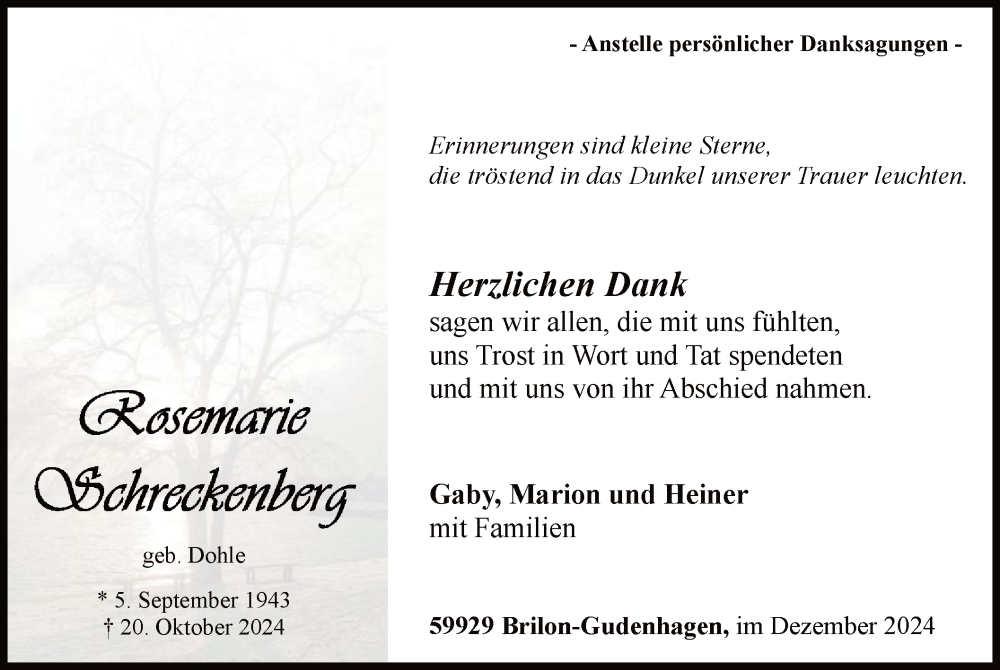  Traueranzeige für Rosemarie Schreckenberg vom 07.12.2024 aus WA