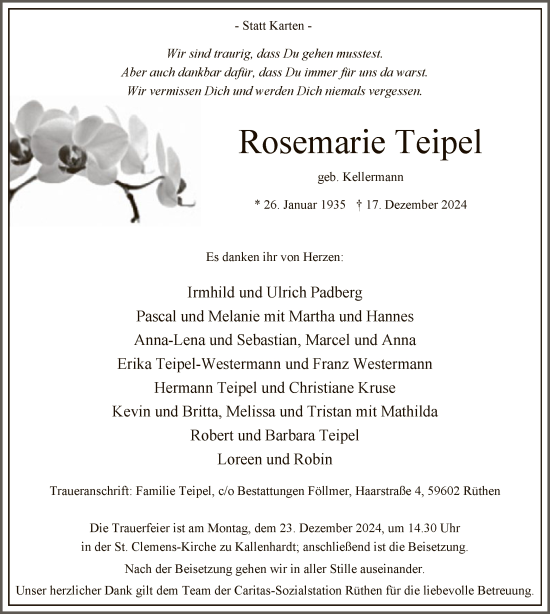 Traueranzeige von Rosemarie Teipel von WA