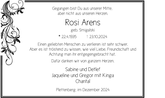 Traueranzeige von Rosi Arens von WA