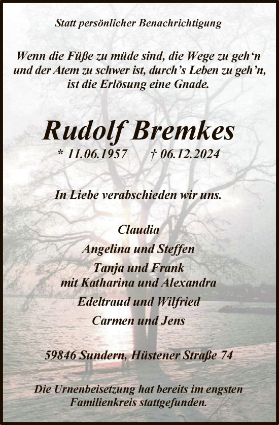 Traueranzeige von Rudolf Bremkes von WA