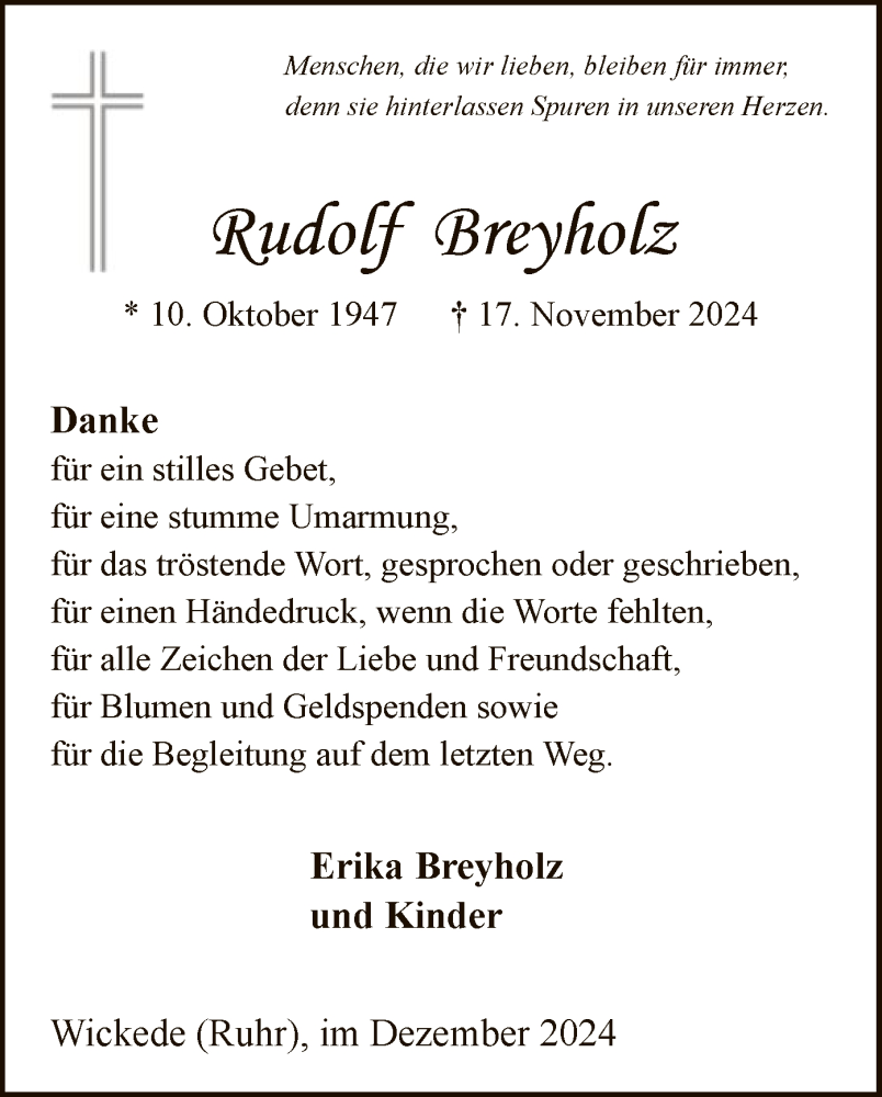 Traueranzeige für Rudolf Breyholz vom 21.12.2024 aus WA