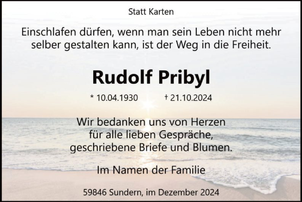  Traueranzeige für Rudolf Pribyl vom 07.12.2024 aus WA