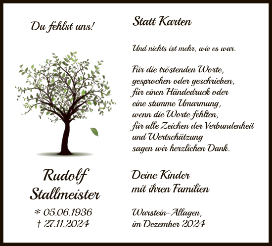 Traueranzeige von Rudolf Stallmeister von WA