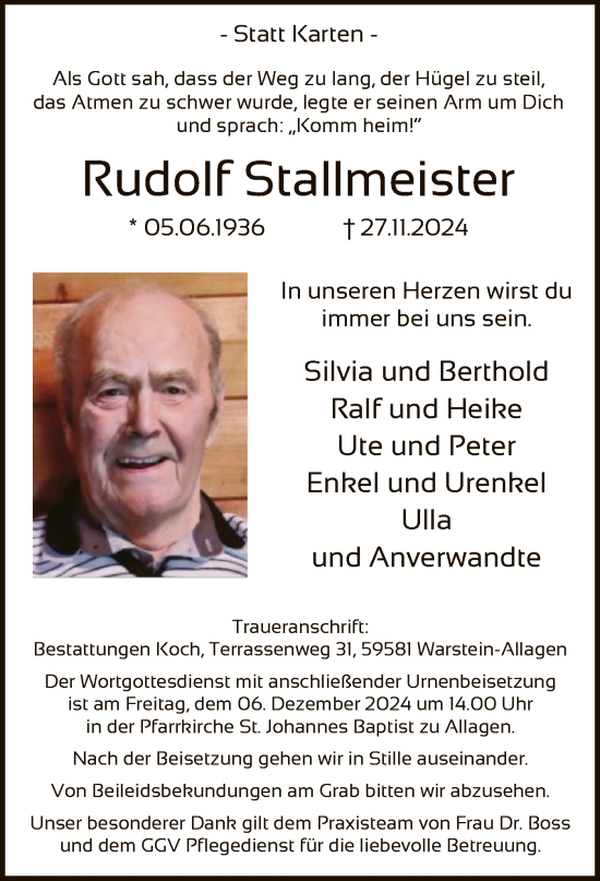 Traueranzeige von Rudolf Stallmeister von WA