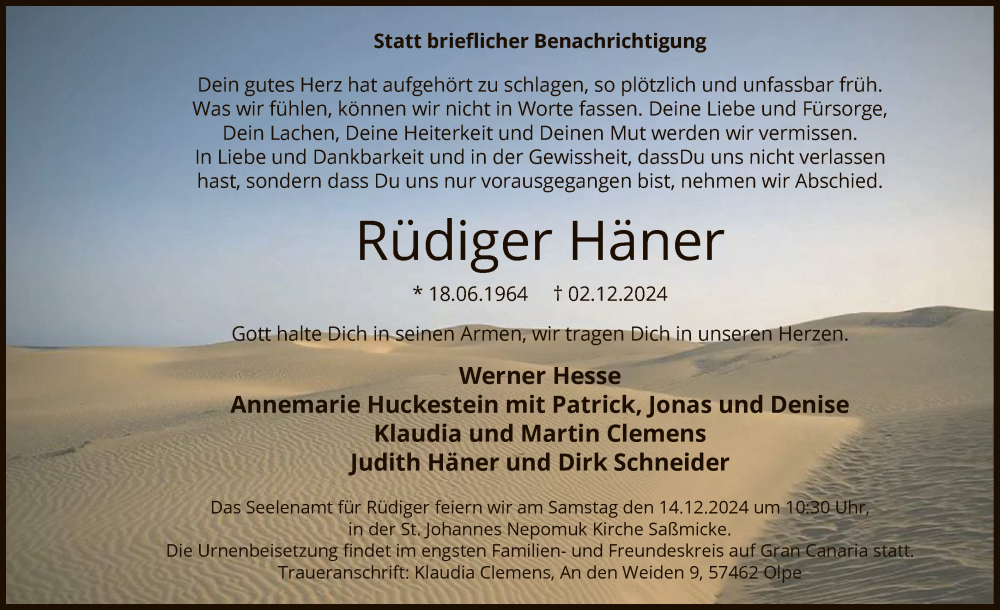  Traueranzeige für Rüdiger Häner vom 07.12.2024 aus WA