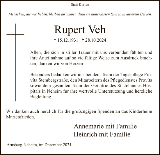Traueranzeige von Rupert Veh von WA