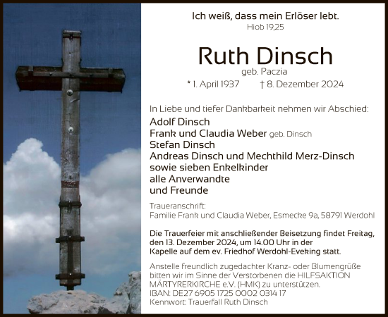Traueranzeige von Ruth Dinsch von WA