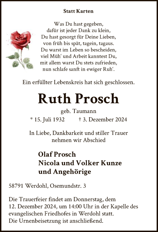 Traueranzeige von Ruth Prosch von WA