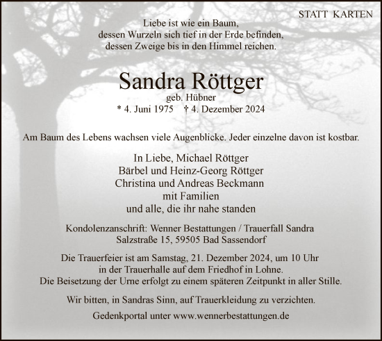 Traueranzeige von Sandra Röttger von WA