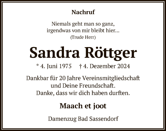 Traueranzeige von Sandra Röttger von WA