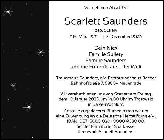 Traueranzeige von Scarlett Saunders von WA