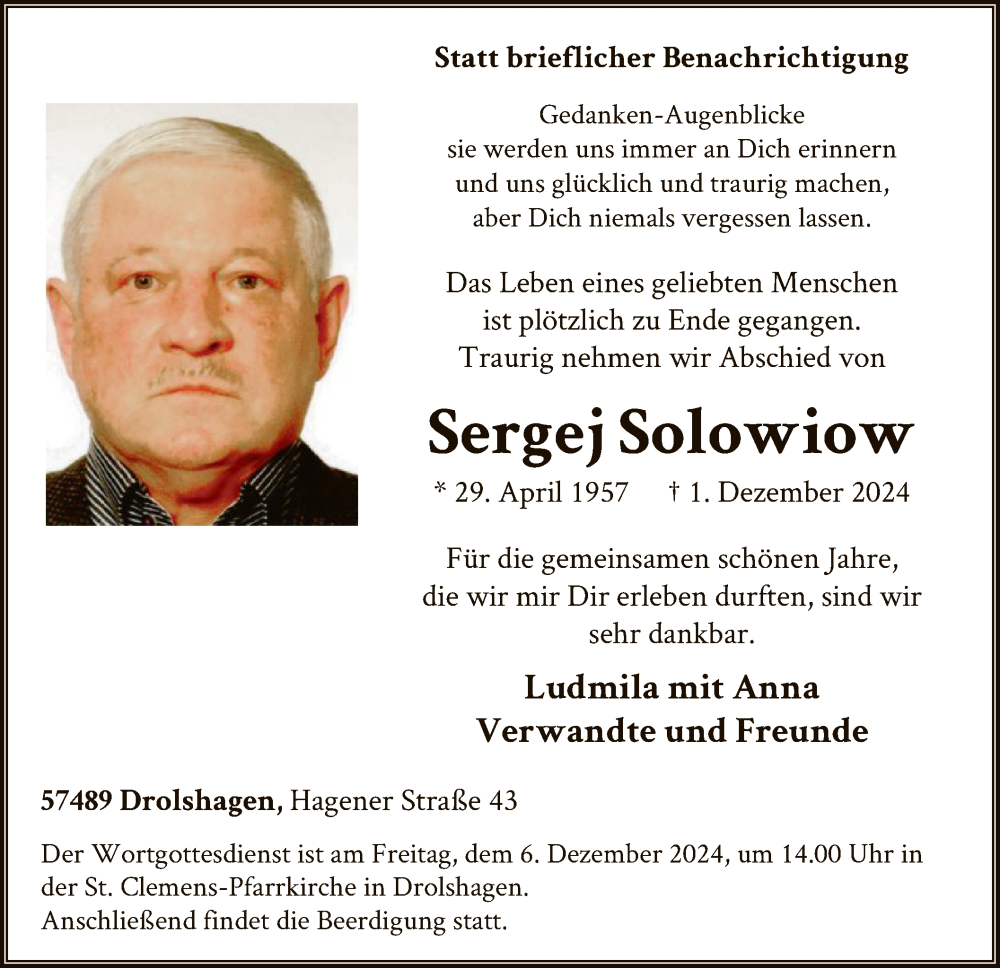  Traueranzeige für Sergej Solowiow vom 07.12.2024 aus WA
