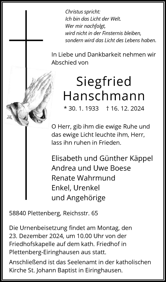 Traueranzeige von Siegfried Hanschmann von WA