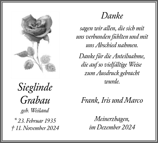 Traueranzeige von Sieglinde Grabau von WA