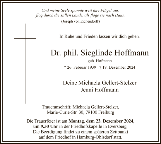 Traueranzeige von Sieglinde Hoffmann von WA