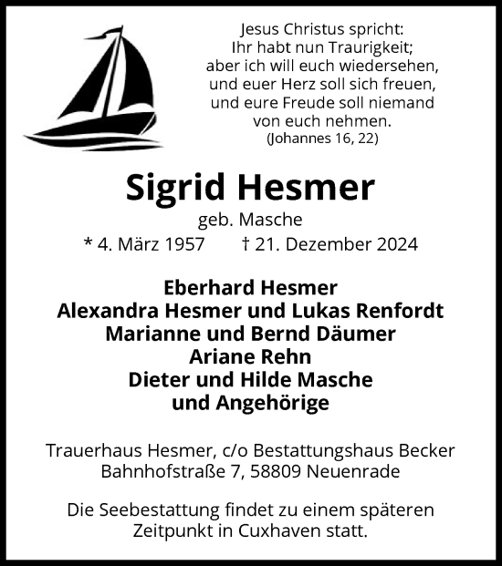 Traueranzeige von Sigrid Hesmer von WA