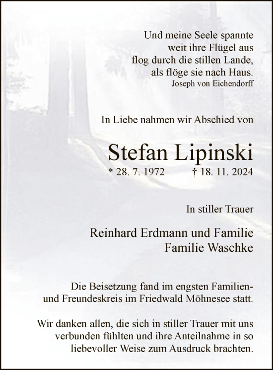 Traueranzeige von Stefan Lipinski von WA