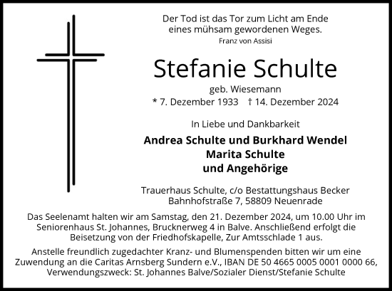 Traueranzeige von Stefanie Schulte von WA