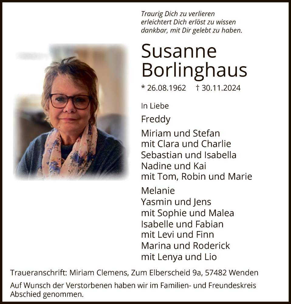  Traueranzeige für Susanne Borlinghaus vom 14.12.2024 aus WA