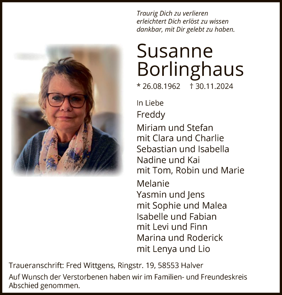  Traueranzeige für Susanne Borlinghaus vom 14.12.2024 aus WA