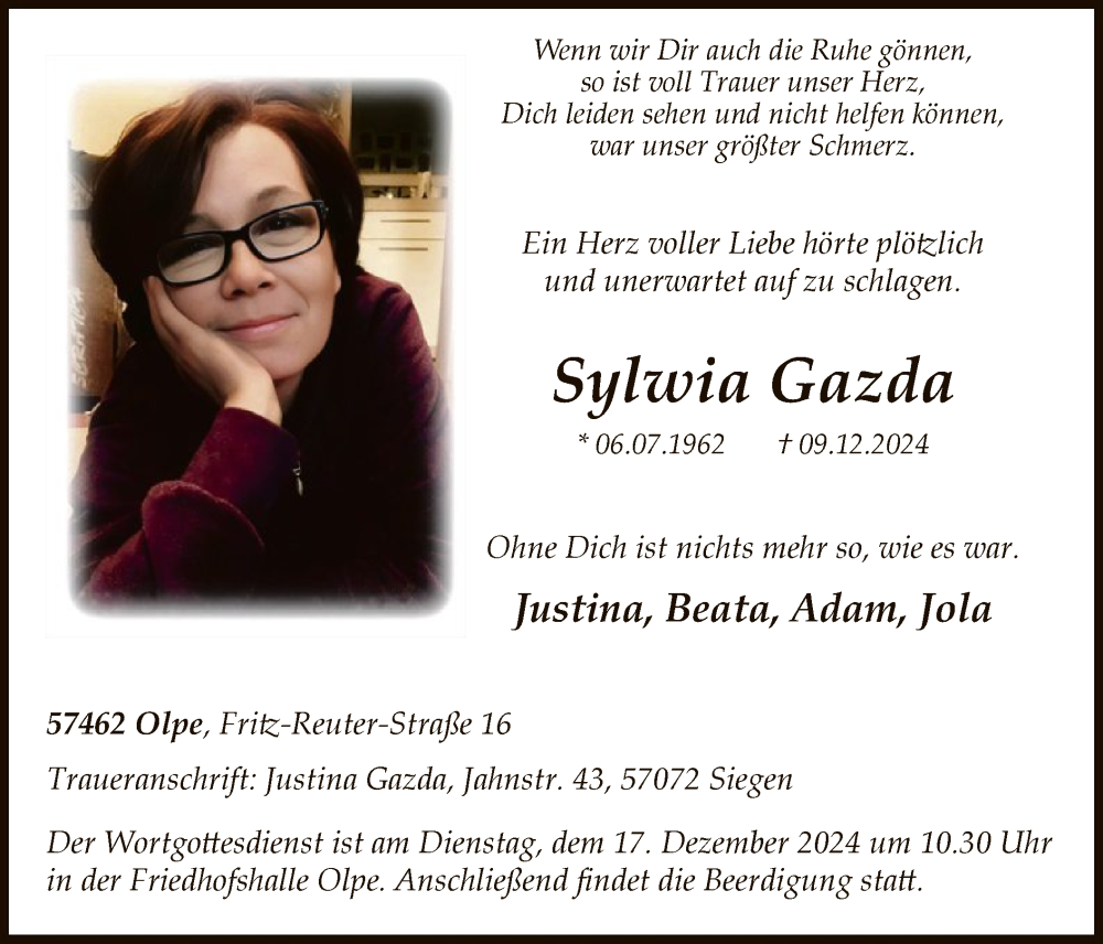  Traueranzeige für Sylwia Gazda vom 14.12.2024 aus WA