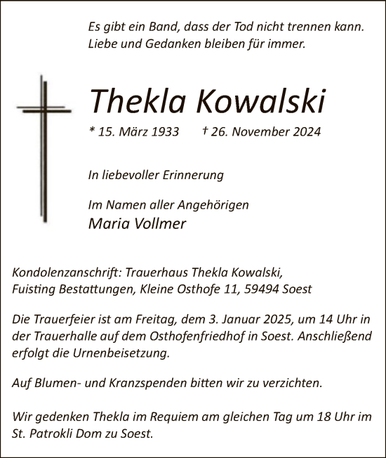 Traueranzeige von Thekla Kowalski von WA