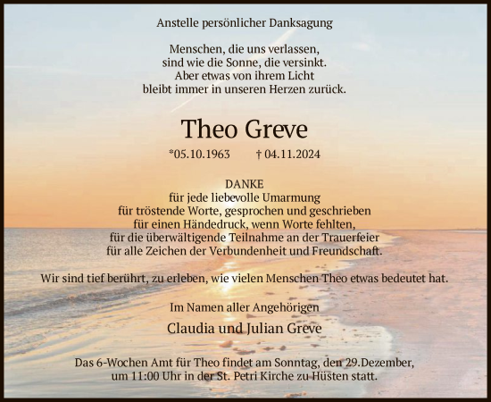 Traueranzeige von Theo Greve von WA