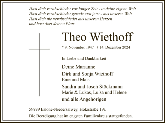 Traueranzeige von Theo Wiethoff von WA