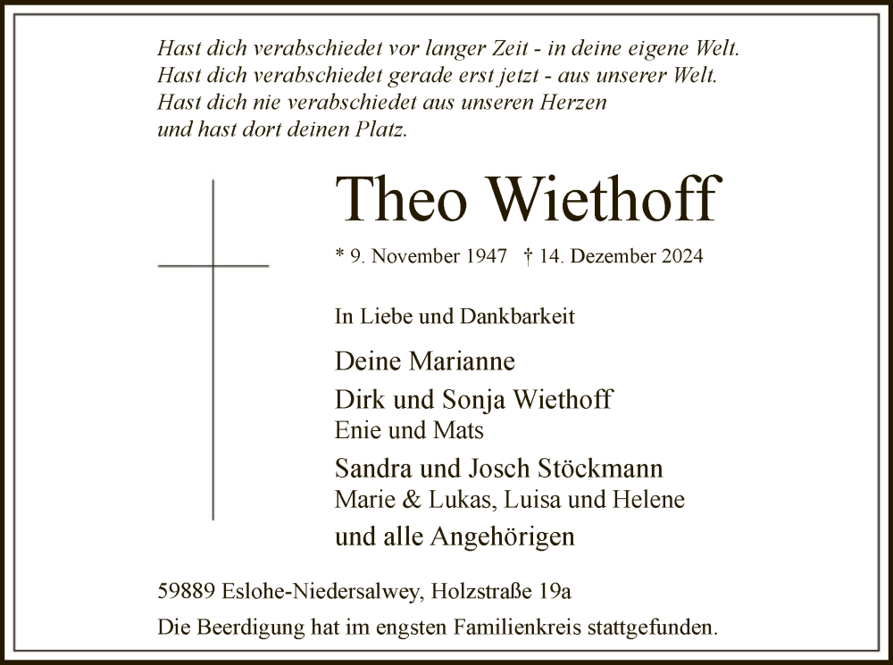  Traueranzeige für Theo Wiethoff vom 21.12.2024 aus WA