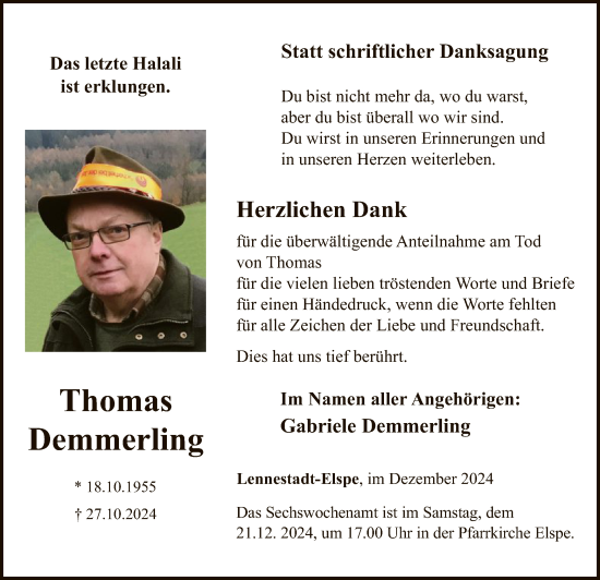 Traueranzeige von Thomas Demmerling von WA