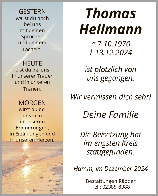 Traueranzeige von Thomas Hellmann von WA
