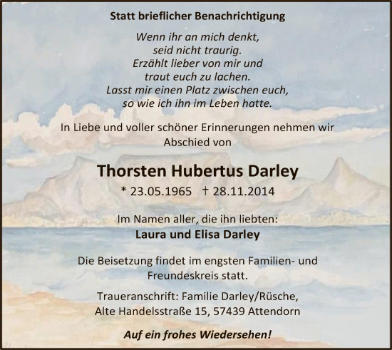 Traueranzeige von Thorsten Hubertus Darley von WA