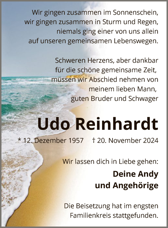 Traueranzeige von Udo Reinhardt von WA
