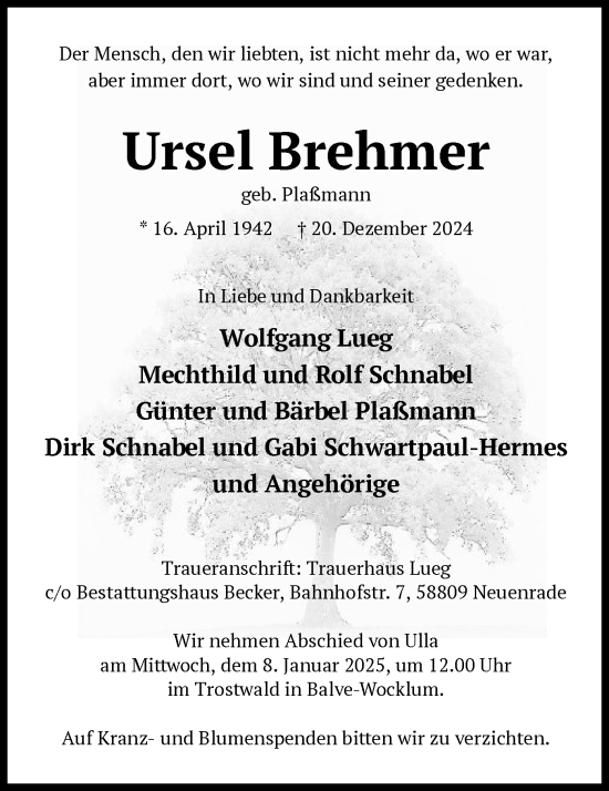 Traueranzeige von Ursel Brehmer von WA