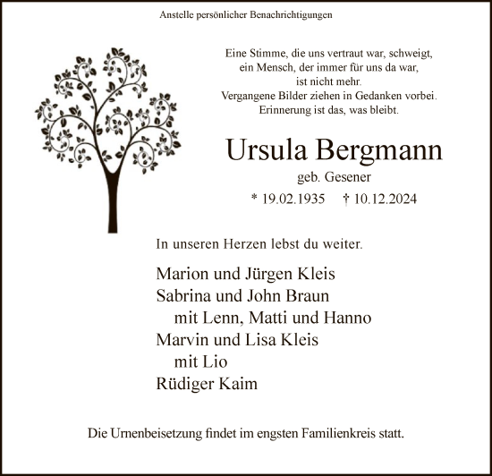 Traueranzeige von Ursula Bergmann von WA