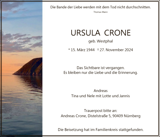Traueranzeige von Ursula Crone von WA