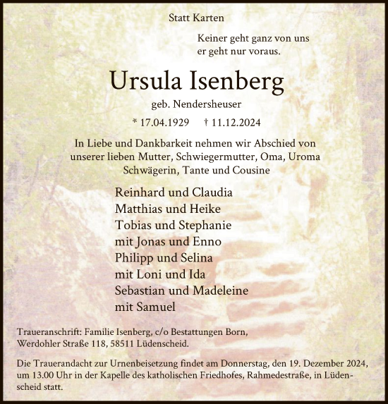 Traueranzeige von Ursula Isenberg von WA
