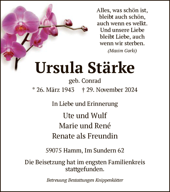 Traueranzeige von Ursula Stärke von WA