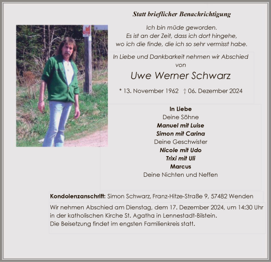 Traueranzeige von Uwe Werner Schwarz von WA