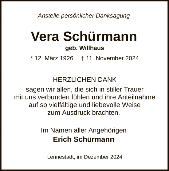 Traueranzeige von Vera Schürmann von WA
