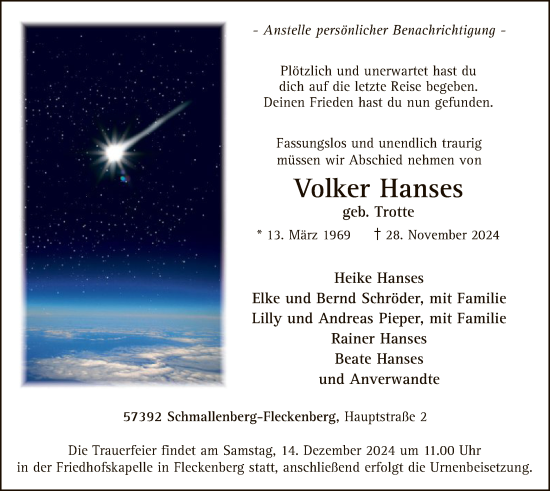 Traueranzeige von Volker Hanses von WA