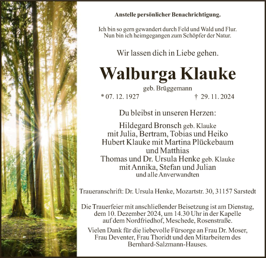 Traueranzeige von Walburga Klauke von WA