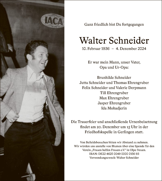 Traueranzeige von Walter Schneider von WA
