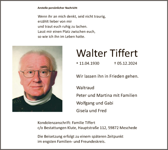 Traueranzeige von Walter Tiffert von WA