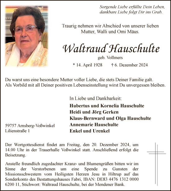 Traueranzeige von Waltraud Hauschulte von WA
