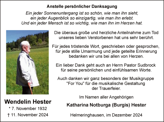 Traueranzeige von Wendelin Hester von WA