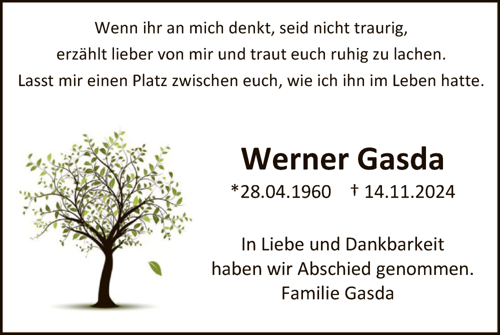  Traueranzeige für Werner Gasda vom 14.12.2024 aus WA