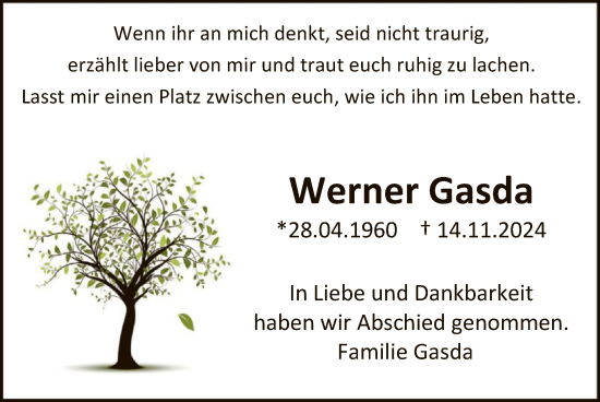 Traueranzeige von Werner Gasda von WA