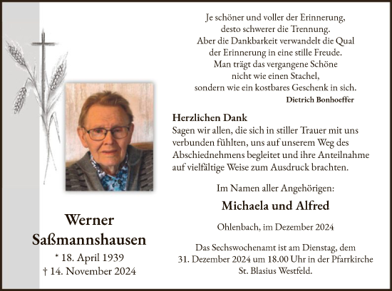 Traueranzeige von Werner Saßmannshausen von WA